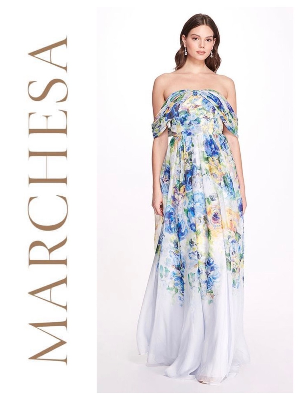 MARCHESA NOTTE Center Knot Floral Chiffon Gown